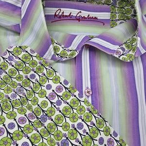 Robert Graham, Blue/Purple/Green Striped Long Sleeve Shirt, 2XL, Flip Cuff